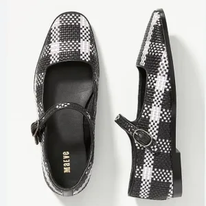 Anthropologie Maeve Black/White Leather Square Toe Woven Mary Jane Flats NWT