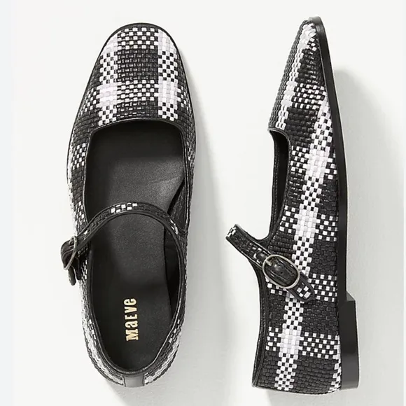 Anthropologie Maeve Black/White Leather Square Toe Woven Mary Jane Flats NWT