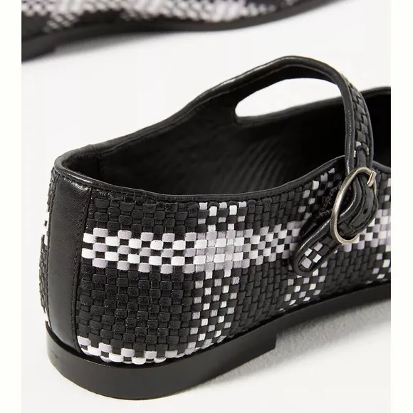 Anthropologie Maeve Black/White Leather Square Toe Woven Mary Jane Flats NWT