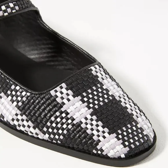 Anthropologie Maeve Black/White Leather Square Toe Woven Mary Jane Flats NWT