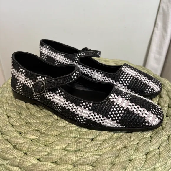 Anthropologie Maeve Black/White Leather Square Toe Woven Mary Jane Flats NWT