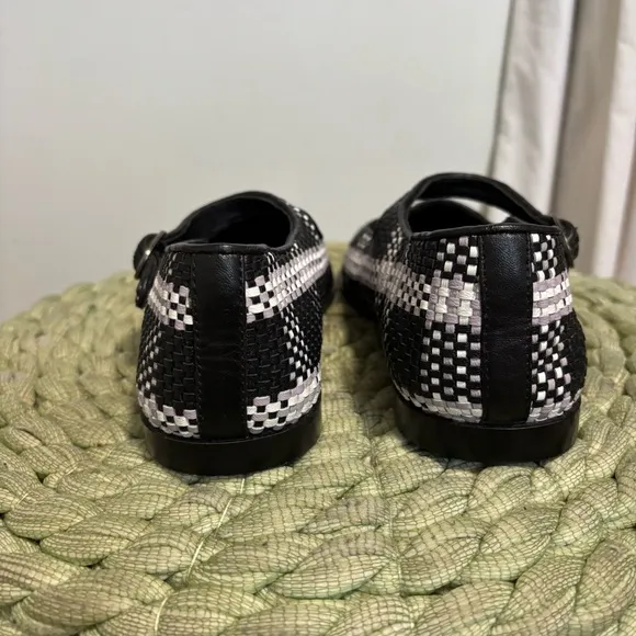 Anthropologie Maeve Black/White Leather Square Toe Woven Mary Jane Flats NWT