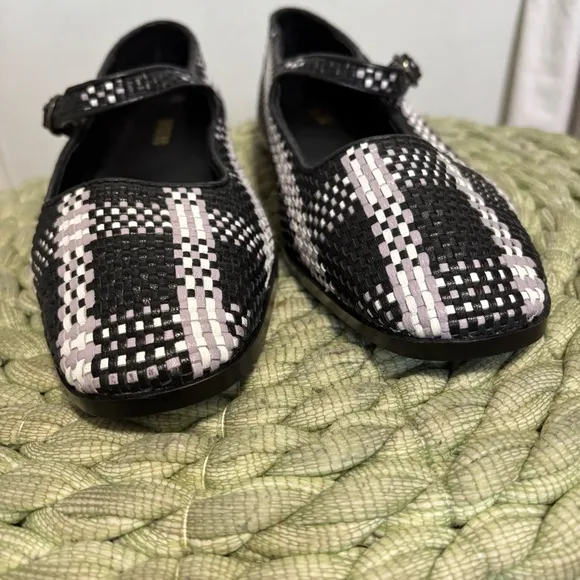 Anthropologie Maeve Black/White Leather Square Toe Woven Mary Jane Flats NWT