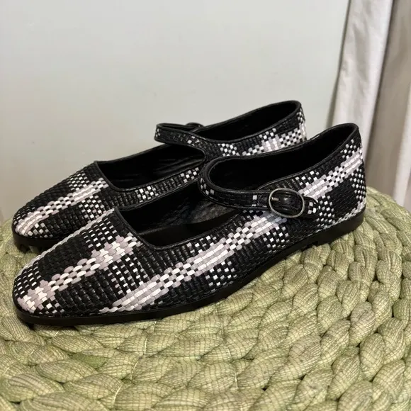 Anthropologie Maeve Black/White Leather Square Toe Woven Mary Jane Flats NWT