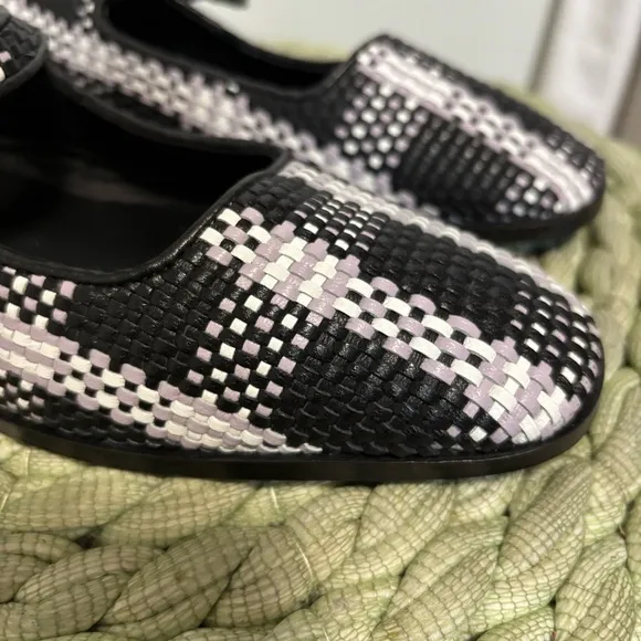 Anthropologie Maeve Black/White Leather Square Toe Woven Mary Jane Flats NWT