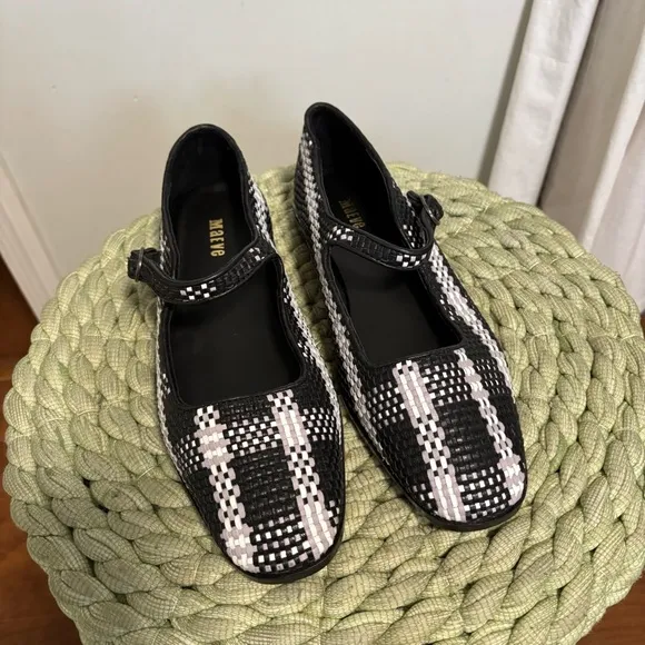 Anthropologie Maeve Black/White Leather Square Toe Woven Mary Jane Flats NWT