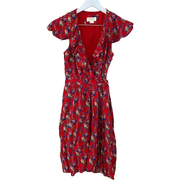 Anthropologie Maeve Rosalia Wrap Red Floral Printed Dress Size 0