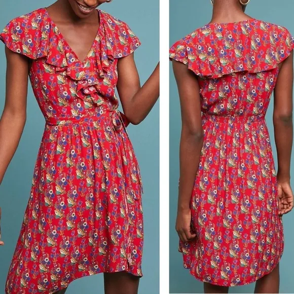Anthropologie Maeve Rosalia Wrap Red Floral Printed Dress Size 0