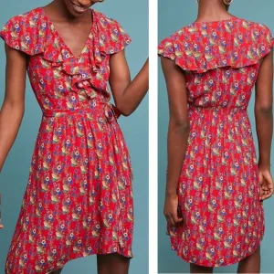 Anthropologie Maeve Rosalia Wrap Red Floral Printed Dress Size 0