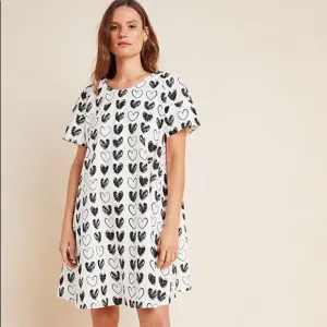 Anthropologie Tunic Dress Sweetheart Heart Novelty Print Black White Women’s XS