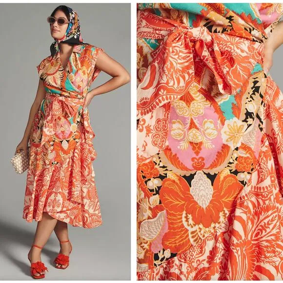 ANTHROPOLOGIE V-Neck Wrap Midi Dress Victorian Floral Orange Sz XL NWT {3F54}