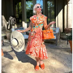 ANTHROPOLOGIE V-Neck Wrap Midi Dress Victorian Floral Orange Sz XL NWT {3F54}