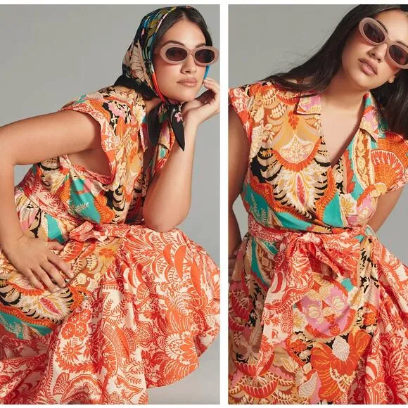 ANTHROPOLOGIE V-Neck Wrap Midi Dress Victorian Floral Orange Sz XL NWT {3F54}