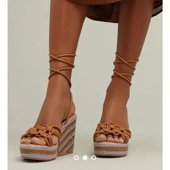 Anthropologie Raffia Platform Ankle Wrap Sandals Purple Tan EU 39