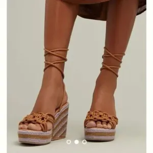 Anthropologie Raffia Platform Ankle Wrap Sandals Purple Tan EU 39