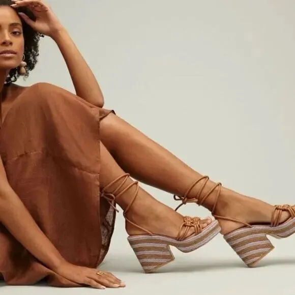 Anthropologie Raffia Platform Ankle Wrap Sandals Purple Tan EU 39
