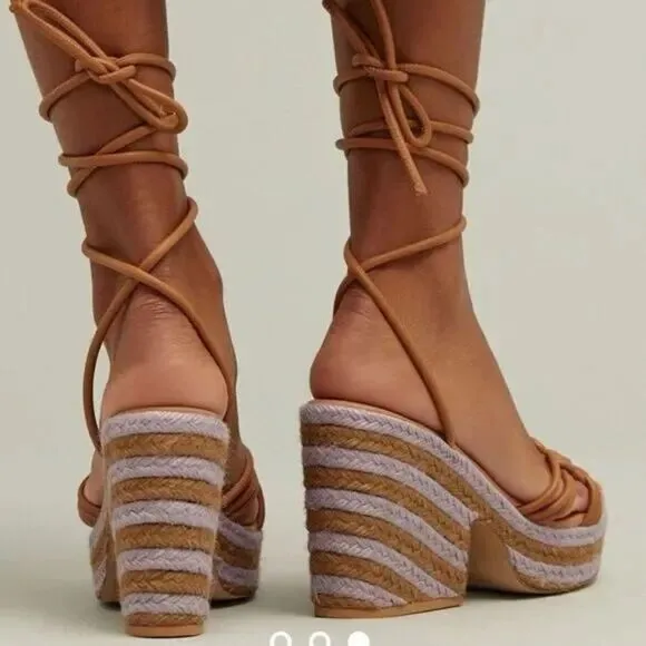 Anthropologie Raffia Platform Ankle Wrap Sandals Purple Tan EU 39
