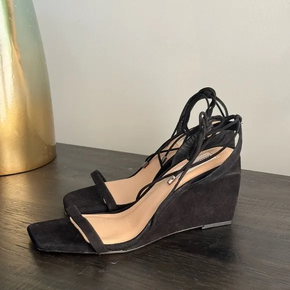 Antonio Melani Black Suede Maryamm Ankle Wrap Wedge Heels Sandals Size 8.5 NEW