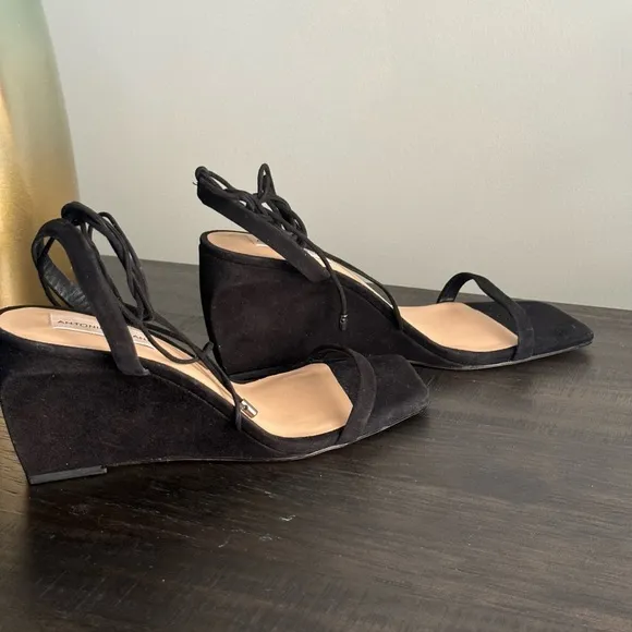Antonio Melani Black Suede Maryamm Ankle Wrap Wedge Heels Sandals Size 8.5 NEW