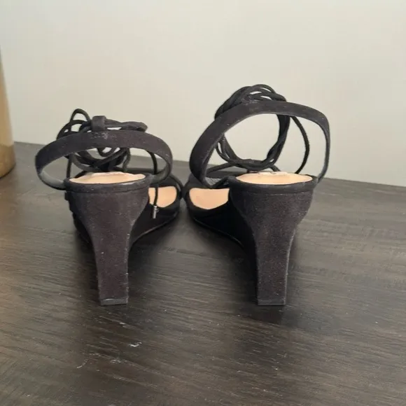 Antonio Melani Black Suede Maryamm Ankle Wrap Wedge Heels Sandals Size 8.5 NEW
