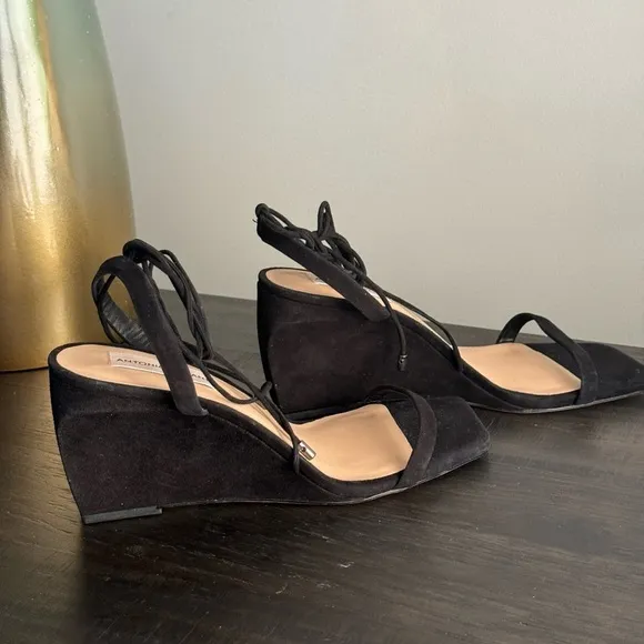 Antonio Melani Black Suede Maryamm Ankle Wrap Wedge Heels Sandals Size 8.5 NEW