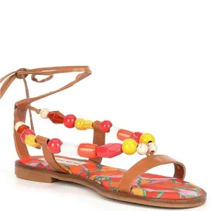 Antonio Melani Loola Beaded Leather Ankle Wrap Flat Sandals Shoes Orange Tan 6.5