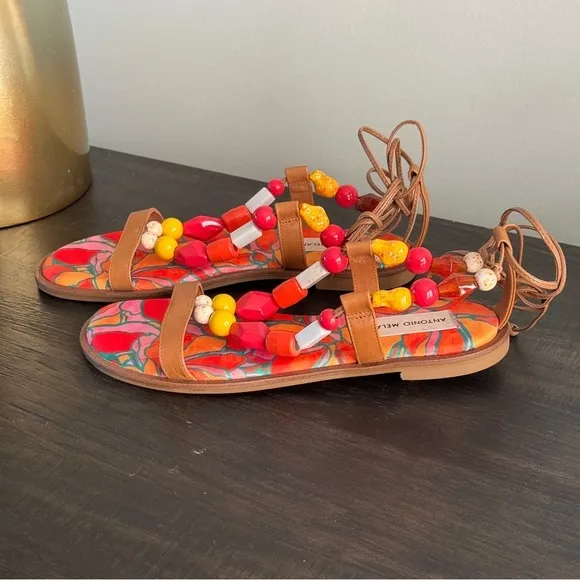 Antonio Melani Loola Beaded Leather Ankle Wrap Flat Sandals Shoes Orange Tan 6.5