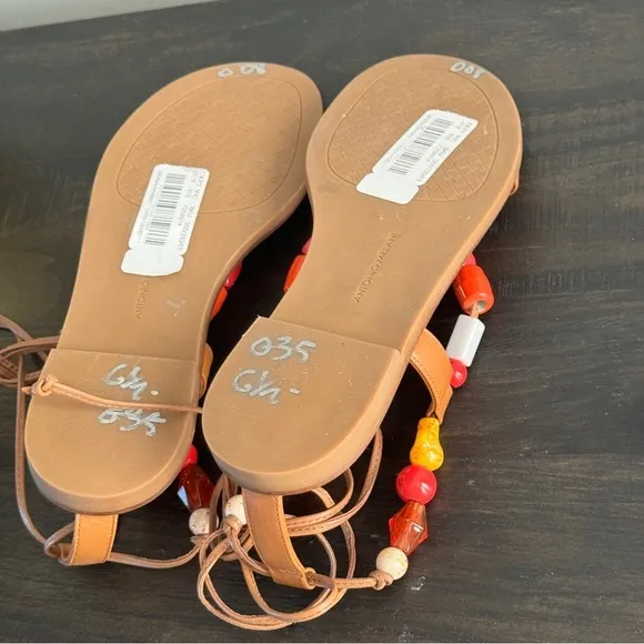 Antonio Melani Loola Beaded Leather Ankle Wrap Flat Sandals Shoes Orange Tan 6.5