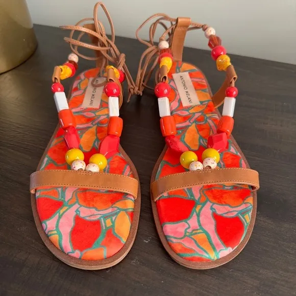 Antonio Melani Loola Beaded Leather Ankle Wrap Flat Sandals Shoes Orange Tan 6.5