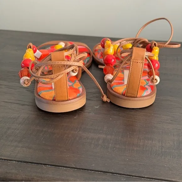 Antonio Melani Loola Beaded Leather Ankle Wrap Flat Sandals Shoes Orange Tan 6.5