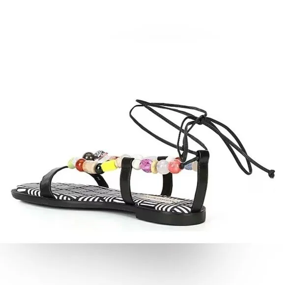 Antonio MelaniLoola Beaded Leather Ankle Wrap Flat Sandals