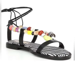 Antonio MelaniLoola Beaded Leather Ankle Wrap Flat Sandals