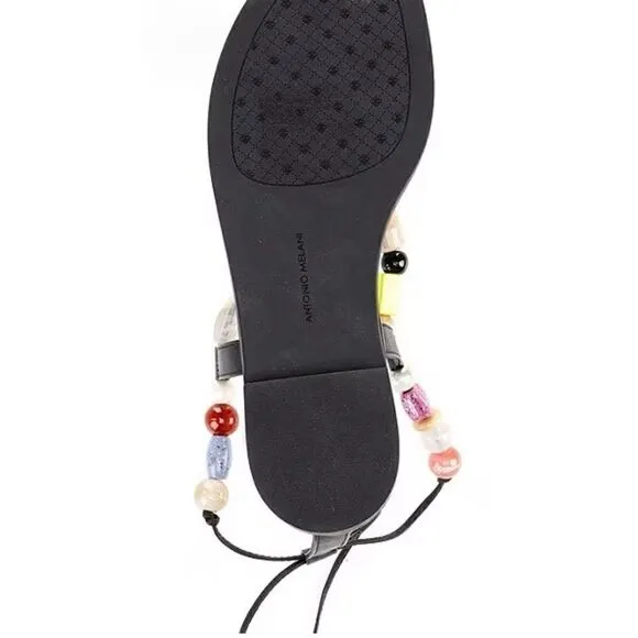Antonio MelaniLoola Beaded Leather Ankle Wrap Flat Sandals