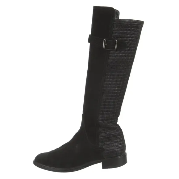 Aquatalia Gael Smocked Stretch Back Black Suede Knee High‎ Riding Boots Size 6.5