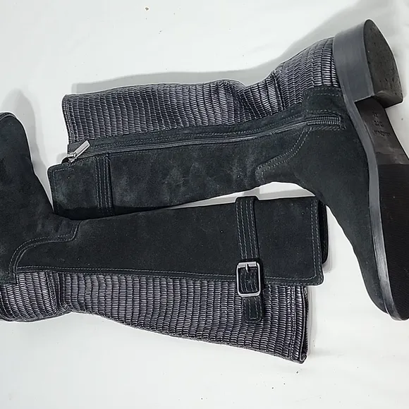 Aquatalia Gael Smocked Stretch Back Black Suede Knee High‎ Riding Boots Size 6.5