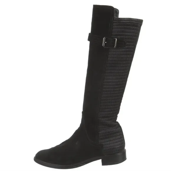 Aquatalia Gael Smocked Stretch Back Black Suede Knee High‎ Riding Boots Size 6.5