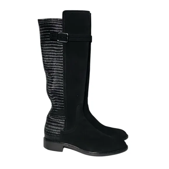 Aquatalia Gael Smocked Stretch Back Black Suede Knee High‎ Riding Boots Size 6.5
