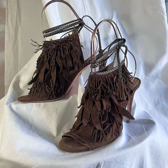 Aquazurra chocolate suede fringe heeled sandals, size 39/9
