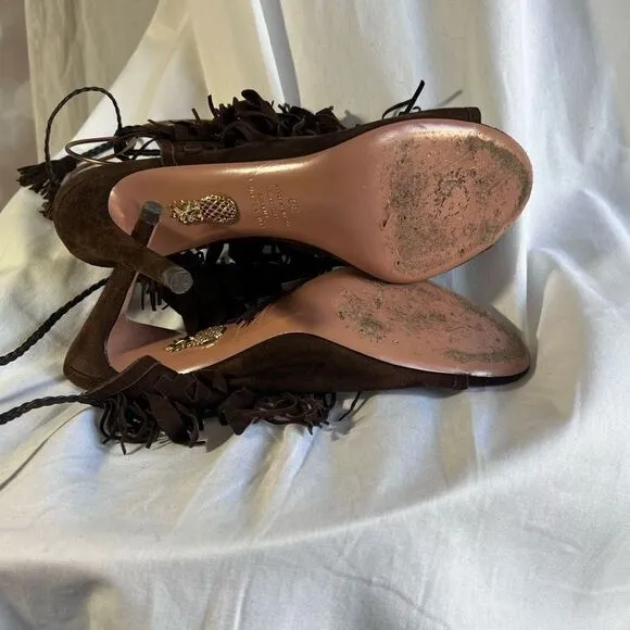 Aquazurra chocolate suede fringe heeled sandals, size 39/9