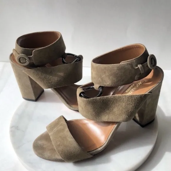 AQUAZZURA SAFARI Olive Green Strap Suede Block Heeled Sandals