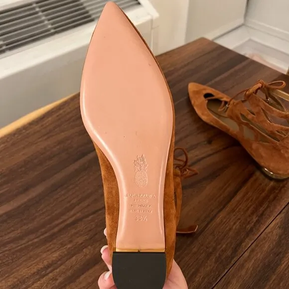 Aquazzura Suede Lace Up Brown Flats 38.5 - BRAND NEW