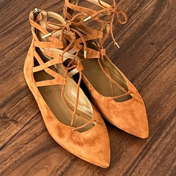 Aquazzura Suede Lace Up Brown Flats 38.5 - BRAND NEW