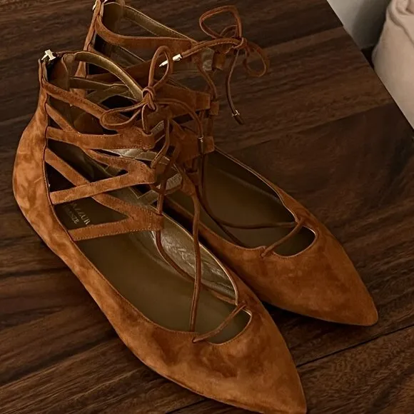 Aquazzura Suede Lace Up Brown Flats 38.5 - BRAND NEW