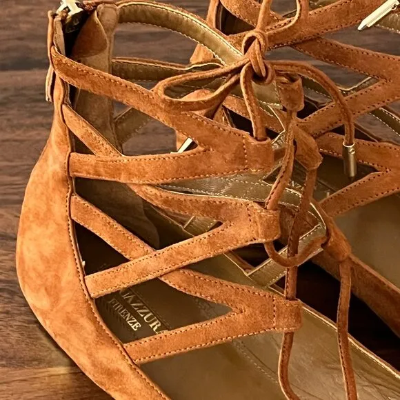 Aquazzura Suede Lace Up Brown Flats 38.5 - BRAND NEW
