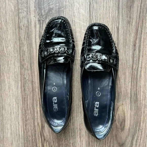 ARA Black Patent Leather Jeweled Loafers | 9.5