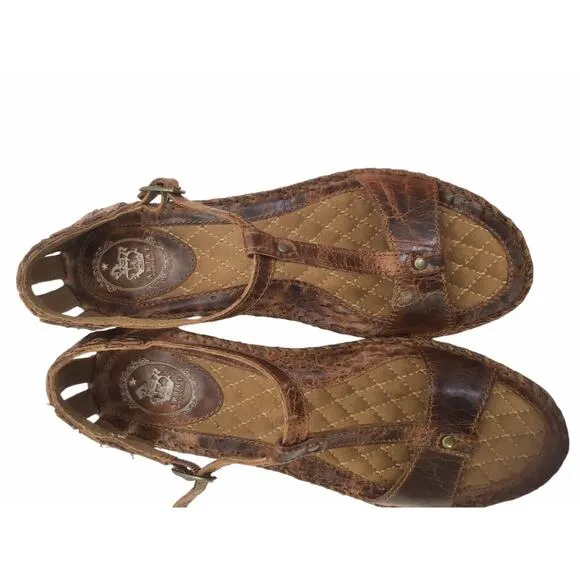 ARIAT SHALIMAR Womens US 9.5 B Brown Leather T-Strap Wedge Heel Buckle Sandals