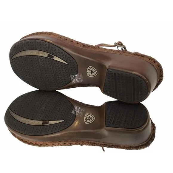 ARIAT SHALIMAR Womens US 9.5 B Brown Leather T-Strap Wedge Heel Buckle Sandals