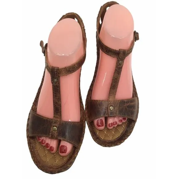 ARIAT SHALIMAR Womens US 9.5 B Brown Leather T-Strap Wedge Heel Buckle Sandals