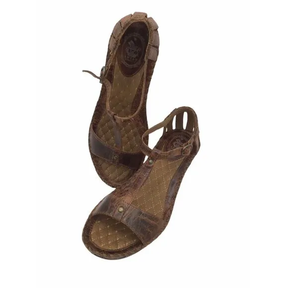 ARIAT SHALIMAR Womens US 9.5 B Brown Leather T-Strap Wedge Heel Buckle Sandals