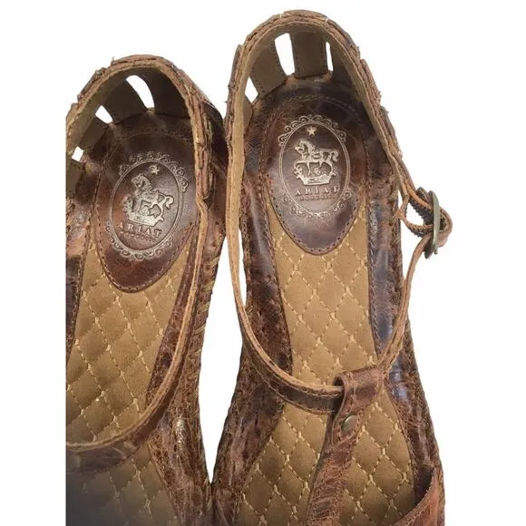 ARIAT SHALIMAR Womens US 9.5 B Brown Leather T-Strap Wedge Heel Buckle Sandals